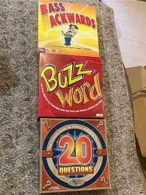 3 Board Game Bundle: 20 Questions Bass Ackwards and Buzz Word